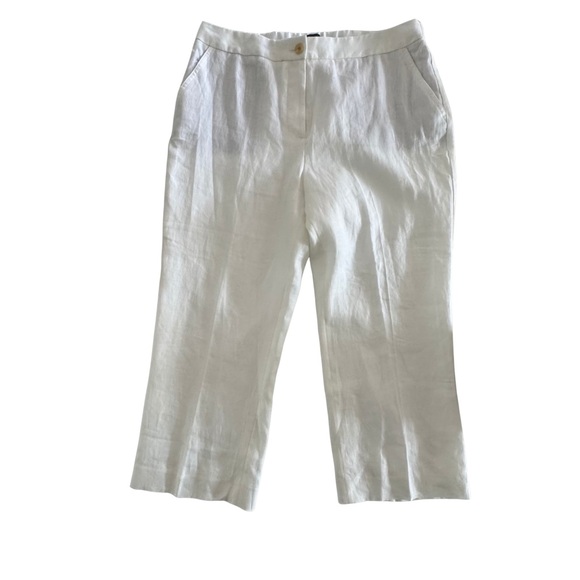 Talbots Linen Cropped Pants White Petite 12P High Rise Straight Capri Pockets - Picture 1 of 6